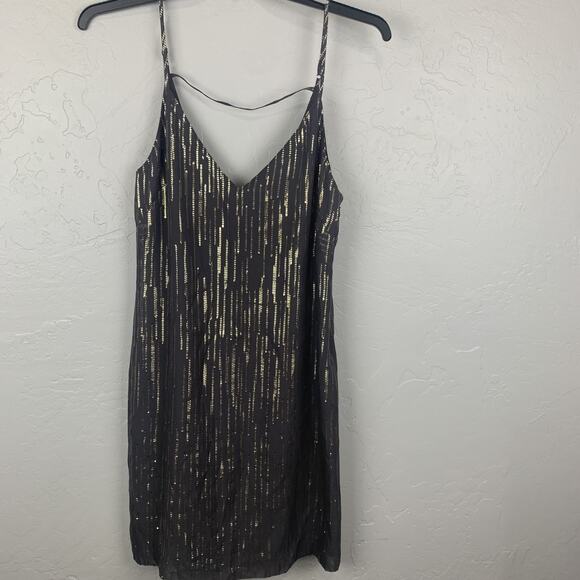 Equipment Silk Slip Dress Womens Small Black Gold Metallic Party Sleeveless Zip - Picture 1 of 6